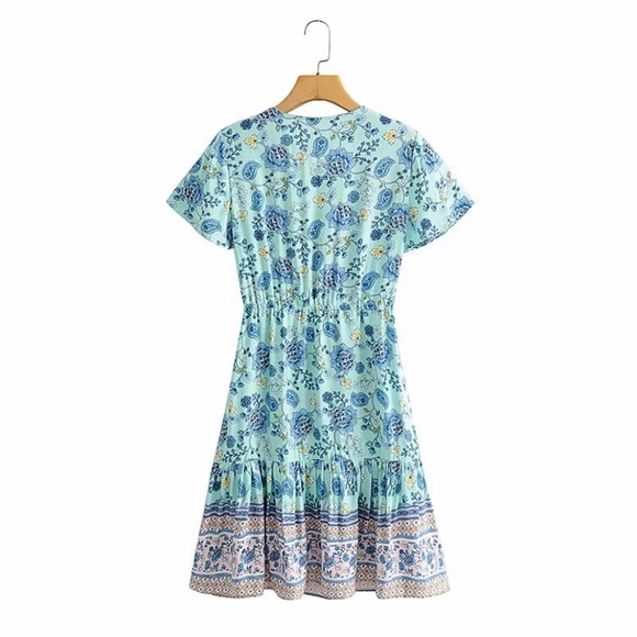 Boho Blue Floral Paisley Short Sleeve Ruffle Dress - Picture 5 of 9
